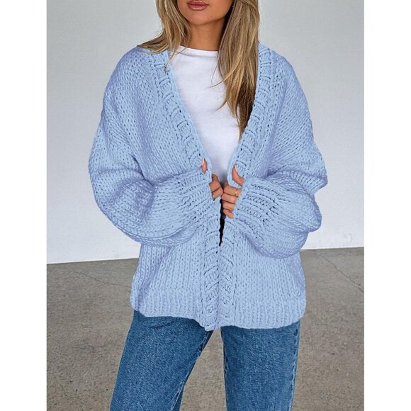 Womens Trendy Cardigan Sweaters Light Blue Long Sleeve Chunky Knit Outfits - Picture 8 of 8